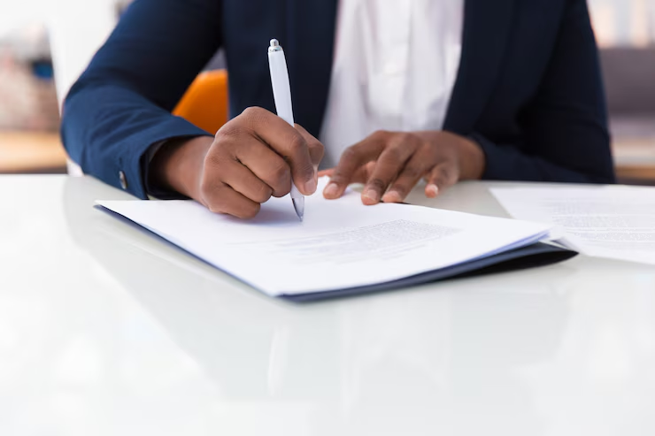 A person writing on a piece of paper